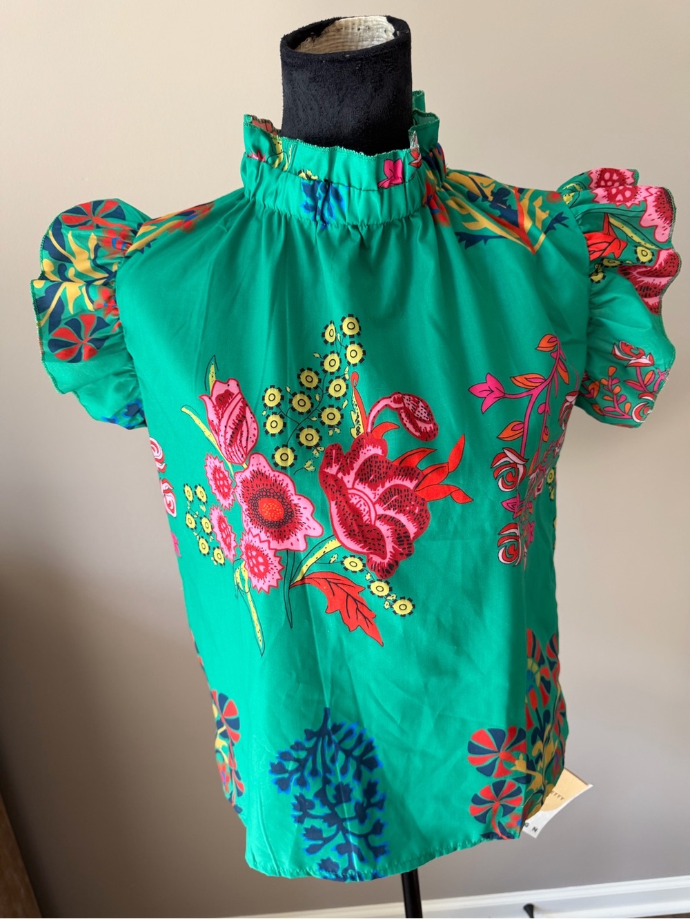Cherry Betty NEW w/Tags Green Floral Ruffle Neck Top Medium